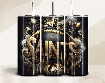 May include: Three black and gold stainless steel tumblers with a football, fleur-de-lis, and the word "SAINTS" in gold glitter. The tumblers have a dripping gold effect.