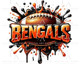 Puede incluir: Un balón de fútbol negro y naranja con un salpicón de pintura naranja y negra detrás. La palabra "BENGALS" está escrita en letras naranjas con un contorno negro.