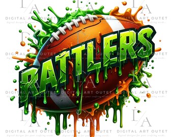 May include: Green and orange paint splattered around a football with the word "RATTLES" in green letters.