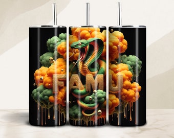 May include: Three black and stainless steel tumblers with lids and straws. The tumblers feature a graphic design of a green and gold snake with the word "FAMU" in gold letters. The background is a black and gold abstract design.