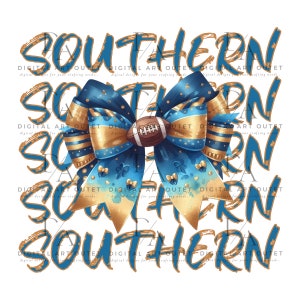 May include: A digital design featuring a large blue and gold bow with a football in the center. The word "SOUTHERN" is overlaid in a repeating pattern with a gold and blue color scheme. The design is on a white background.