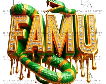May include: Gold letters spelling "FAMU" with diamond-shaped accents. A green snake with yellow stripes is wrapped around the letters and dripping gold paint.
