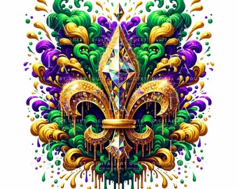 May include: A gold fleur-de-lis with a diamond-shaped center, surrounded by green, purple, and gold swirls. The fleur-de-lis is dripping with gold paint.