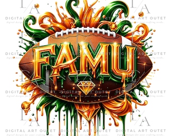 May include: A football with the word "FAMU" in gold letters with green and orange dripping paint splatters around it.