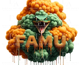May include: A 3D rendering of the letters "FAMU" in gold with a green snake with a red tongue coming out of the "U". The letters are surrounded by orange and green bubbles.