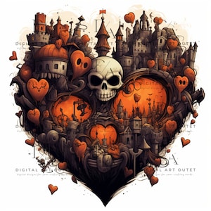 Creepy Heart Shaped Halloween Town with Pumpkins and Skulls PNG Sublimation Designs Bundle, Shirts, Mugs, Tumblers