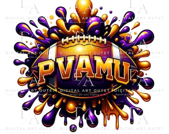 May include: A purple and gold football with the text "PVAMU" in a yellow and purple paint splatter design.