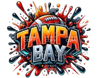 Pode incluir: Gráfico vibrante com uma bola de futebol e as palavras "TAMPA BAY" em letras laranja e prateadas. O design inclui respingos de tinta vermelha, preta e laranja, criando um efeito visual dinâmico e enérgico.