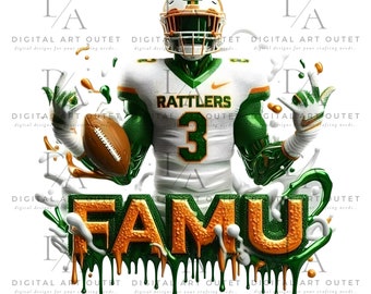 May include: A green and orange football jersey with the text "RATTLES" and the number "3" on the front. The jersey is worn by a football player with a helmet on. The player is standing in front of a white background with green and orange paint splatters. The text "FAMU" is written in large, green and orange letters in the bottom of the image.