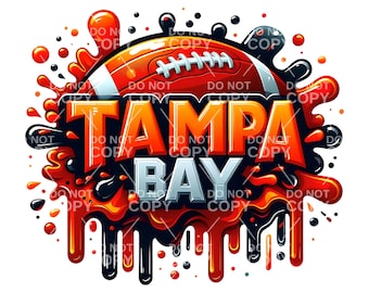 Pode incluir: Um design gráfico com uma bola de futebol com um efeito de respingo de tinta vermelha, laranja e preta. O texto "TAMPA BAY" está em letras grandes e em negrito.