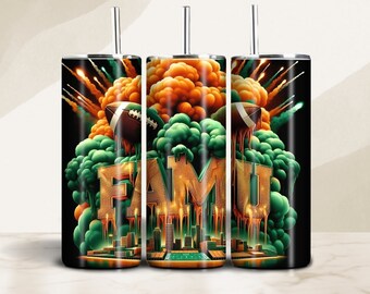May include: Three stainless steel tumblers with straws, featuring a vibrant design. The design includes the letters "FAMU" in gold, a football, and a cityscape, set against a backdrop of green and orange clouds and a black background.