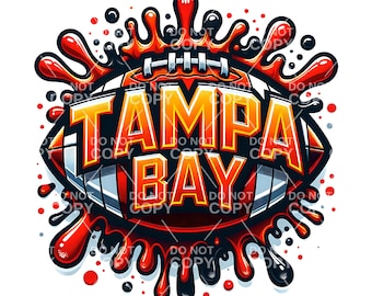Pode incluir: Um design gráfico vermelho, branco e preto de uma bola de futebol com as palavras "Tampa Bay" em uma fonte amarela em negrito. A bola de futebol é cercada por respingos vermelhos.