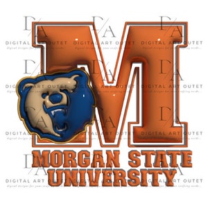 Op de afbeelding: Oranje en blauwe 3D-afbeelding van de letter M met een berenmascotte en de tekst "Morgan State University".