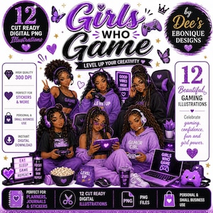 May include: A digital illustration set titled Girls Who Game by Dee's Ebonique Designs featuring 12 cut-ready PNG illustrations of diverse characters in purple gaming setups with controllers, headsets, laptops, and snacks, all in a purple colour palette.