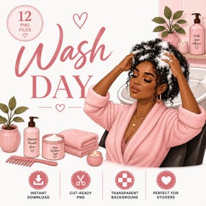 May include: A digital illustration set featuring a person in a pink robe washing their hair with white lather. Includes pink bottles labeled Shampoo Nourish Grow and Deep Condition Treat, a pink comb, a folded towel, a candle, and a plant.