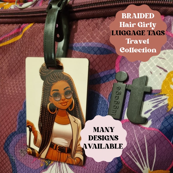 BLACK WOMAN TRAVEL Tag, Unique Image, Travel Personalised Luggage Label, Black Queen, African American Travel Accessory, Braided Hair Girly