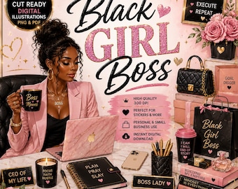 Op de afbeelding: Een digitale illustratieset getiteld Black Girl Boss met een persoon in een roze blazer met een laptop, een zwarte gewatteerde handtas, een zwarte tas, een notitieboek met de tekst Plan Pray Slay, een kaars, pennen en boeken met teksten.