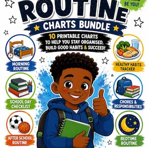 Könnte beinhalten: Ein Daily Routine Charts Bundle Poster mit einem Cartoon-Kind mit Rucksack, das einen Daumen hoch zeigt. Das Design enthält Text, Sternsymbole und sechs kreisförmige Illustrationen, die Morgen-, Schul-, Haushalts- und Schlafenszeitroutinen darstellen.