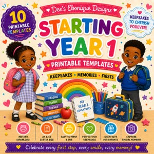 Peut inclure: Un graphique numérique pour les modèles imprimables Starting Year 1 de Dee's Ebonique Designs. Il présente deux enfants, une pile de livres étiquetés Reading, Maths, Science, Phonics, Fun Stories, un carnet, une boîte à lunch fusée et un arc-en-ciel.