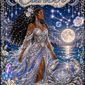 May include: A digital illustration titled Cancer featuring a person with long dark hair wearing a flowing blue and white gown adorned with pearls and crystals. A large crab, a full moon, the Cancer zodiac symbol, and floral borders are visible.