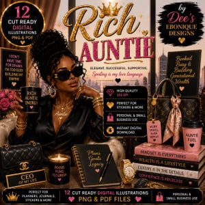 May include: A digital illustration set featuring a woman with dark hair wearing sunglasses and gold jewelry, surrounded by luxury items including a designer handbag, a notebook labeled Plans Goals Legacy, a candle, and books with motivational text.