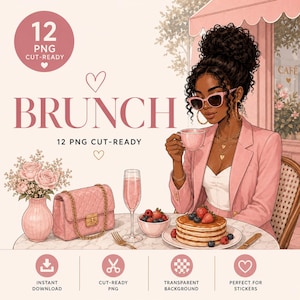 May include: A digital illustration featuring a person with dark curly hair wearing a pink blazer and sunglasses, holding a pink teacup. The scene includes a stack of pancakes with berries, a pink quilted handbag, a vase of roses, and a champagne flute.