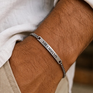 Bracelet barre en acier inoxydable personnalisé pour homme, chaîne cubaine gravée sur mesure (cadeau pour lui)