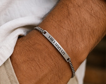 Personalized Stainless Steel Bar Bracelet for Men, Custom Engraved Cuban Chain (Gift for Him)