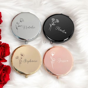 Compact Mirror Personalized Minimalist Birth Flower – Custom Gift for Her, Bridesmaid Proposal, Wedding Keepsake Best Friend & Birthday Gift