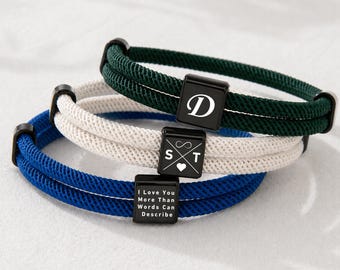 Personalised Initial Rope Bracelet – Custom Engraved Adjustable Cord Bracelet Gift for Him, Dad, Boyfriend