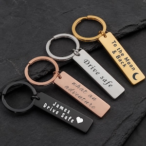 Personalised Stainless Steel Keychain - Engraved Drive Safe Gift, Custom Rectangle Keyring for Him Her Boyfriend Girlfriend