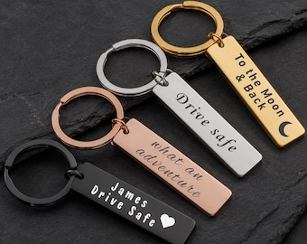 Personalised Stainless Steel Keychain - Engraved Drive Safe Gift, Custom Rectangle Keyring for Him Her Boyfriend Girlfriend