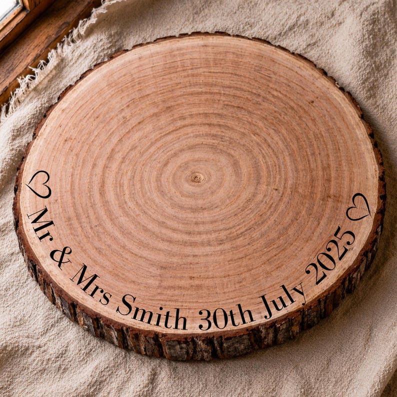 May include: A round, wooden tree slice with a natural bark edge. The surface is engraved with the words "Mr & Mrs Smith 30th July 2025" and two heart symbols. The wood has a light brown color.