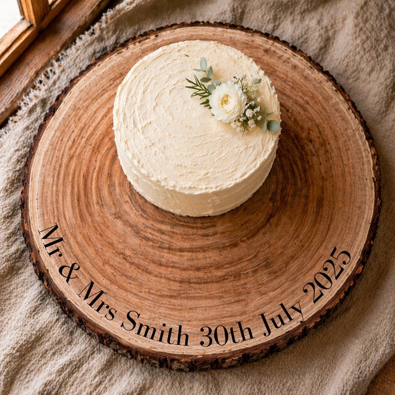 May include: A round, frosted cake decorated with a white flower and greenery, presented on a rustic wooden serving board. The board is engraved with the text "Mr & Mrs Smith 30th July 2025". The cake is a light cream color.