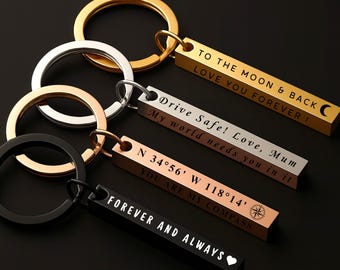 Personalised Bar Keychain – Engraved Drive Safe Message Gift for Him or Her – Custom Keepsake for Couple, Boyfriend or Girlfriend
