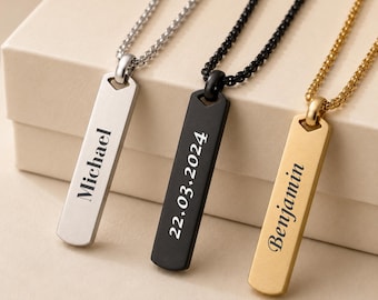 Personalised Men’s Bar Necklace – Custom Engraved Pendant, Gift for Him, Boyfriend, Husband or Dad, Stainless Steel Jewellery