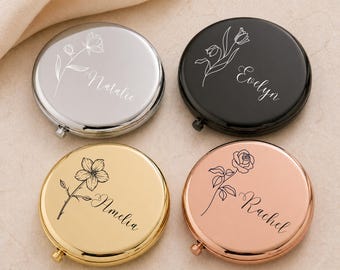 Personalised Compact Mirror – Custom Birth Flower Engraved Gift for Her, Bridesmaid, Wedding, or Birthday Keepsake