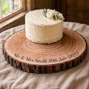 May include: A small, round, frosted cake decorated with white flowers and greenery sits atop a rustic wooden cake stand. The cake stand has the text "Mr & Mrs Smith 30th July 2025" printed on it. The cake is on a beige tablecloth.