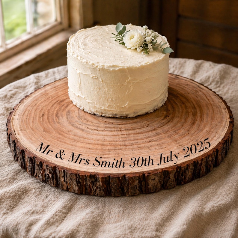 May include: A small, round, frosted cake decorated with white flowers and greenery sits atop a rustic wooden cake stand. The cake stand has the text "Mr & Mrs Smith 30th July 2025" printed on it. The cake is on a beige tablecloth.