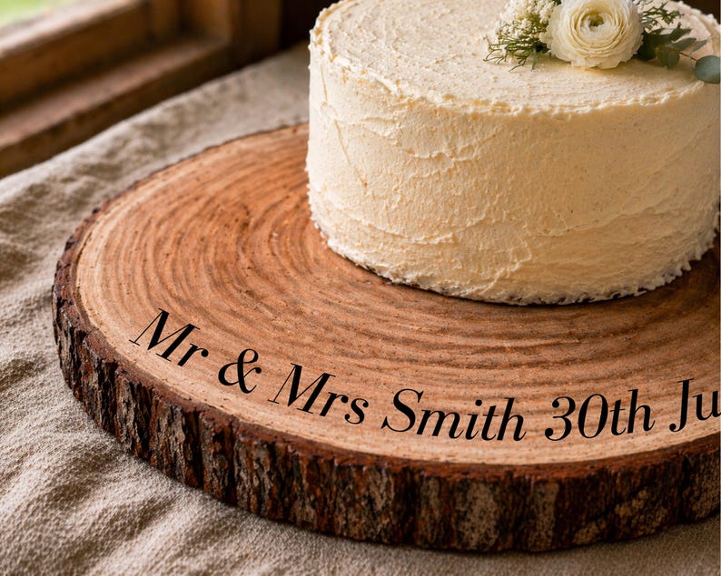 May include: A round, frosted cake with floral decorations sits atop a rustic wooden cake stand. The cake stand is a cross-section of a tree trunk, with the words "Mr & Mrs Smith 30th Ju" inscribed on it. The cake has a creamy white frosting.