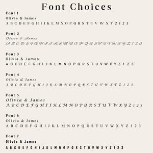 May include: A beige background displays seven font choices, each with a sample alphabet, numbers, and the name "Olivia & James." The title "Font Choices" is at the top. The fonts vary in style, from classic to script.