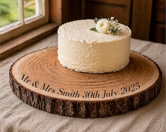 Personalised Wood Slice Cake Stand | Engraved Rustic Wedding Cake Base, Custom Name & Date Centerpiece, Natural Wooden Wedding Decor