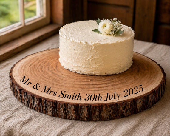 Personalised Wood Slice Cake Stand | Engraved Rustic Wedding Cake Base, Custom Name & Date Centerpiece, Natural Wooden Wedding Decor