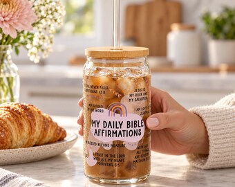 Christian Affirmation Iced Coffee Cup, Bible Verse Glass Tumbler, Bible Verses Glass Cup, Faith Glass Cup, Bible Affirmations, Bible Tumbler