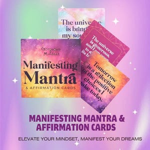 May include: A set of square affirmation cards featuring a gradient background of purple, pink, and orange. The cards display text including "Gorgeous Mindset," "Manifesting Mantra & AFFIRMATION CARDS," and "Tomorrow is a reflection of the positive choices I make today."