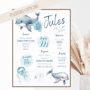 Personalized birthday poster, WHALE, dolphin, jellyfish, beluga, sea, ocean, blue, party, one year