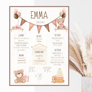Affiche premier anniversaire personnalisée, Boho, bohème, ourson, neutre, rose, beige, un an, fête