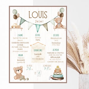 Personalized first birthday poster, Boho, boho, teddy bear, neutral, blue, beige, one year, party