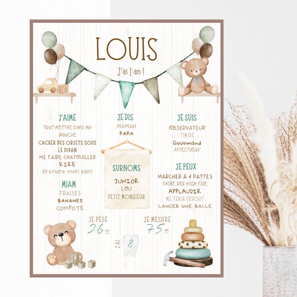 Personalized first birthday poster, Boho, boho, teddy bear, neutral, blue, beige, one year, party