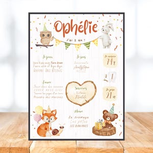 Personalized first birthday poster, animals, woodland, fox, rabbit, owl, bear, confetti, colorful, one year, party